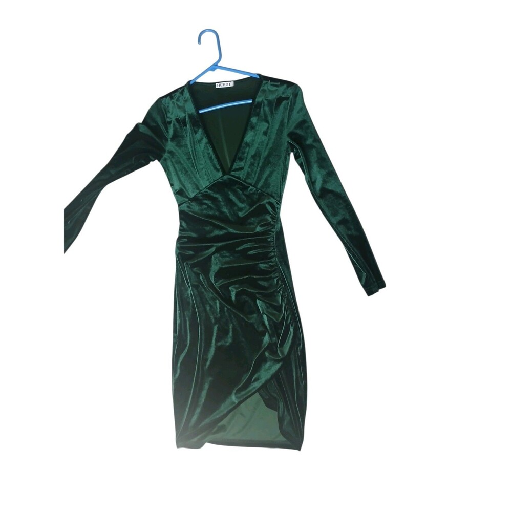 HUHOT Ruched Bodycon Velvet Wrap Dress Women’s Size S Green V-Neck Holiday Party
